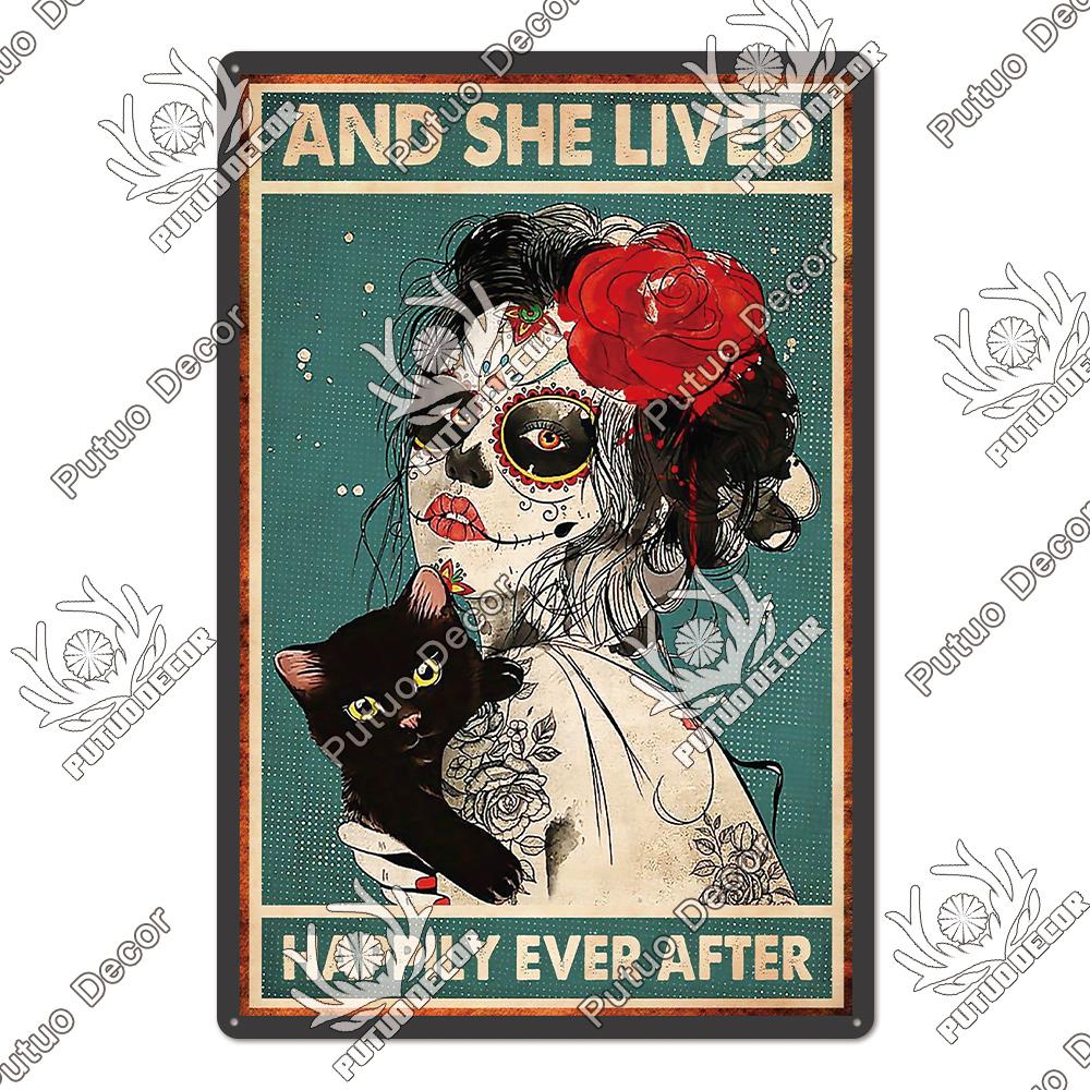 Putuo Decor Black Funny Cat Metal Sign Vintage Plaque Metal Retro Animals Tin Poster for Living Room Home Decoration Wall Decor