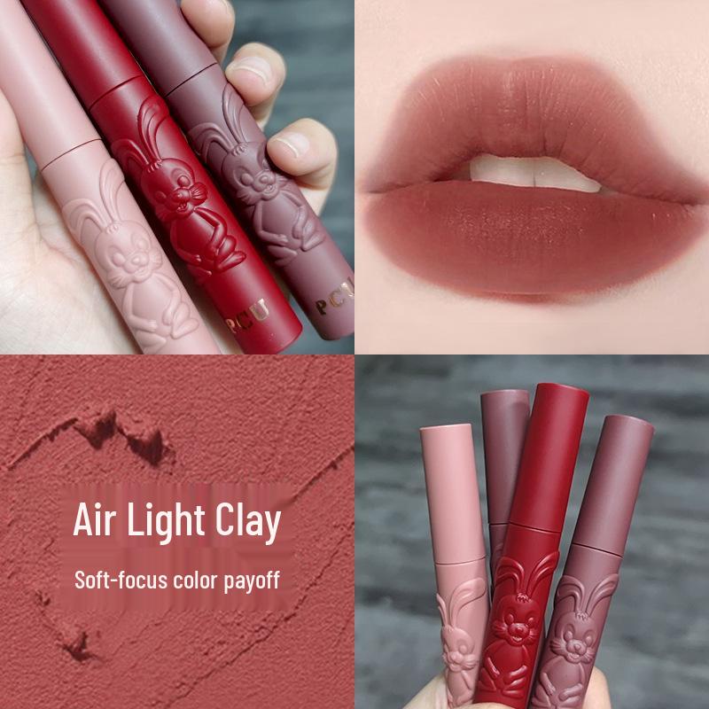 PCU Embossed Rabbit Velvet Matte Milk Tea Lip Glaze - Transfer-proof, Lightweight, Student-friendly Air Cream Lip Mud