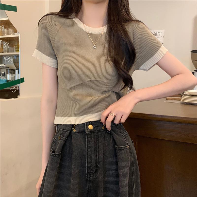 Color Clash Short-sleeved T-shirt Knit Short Women Simple Summer Design Sense Niche Tops Casual Essential Comfort and Style Slim Fit Pullovers Tees