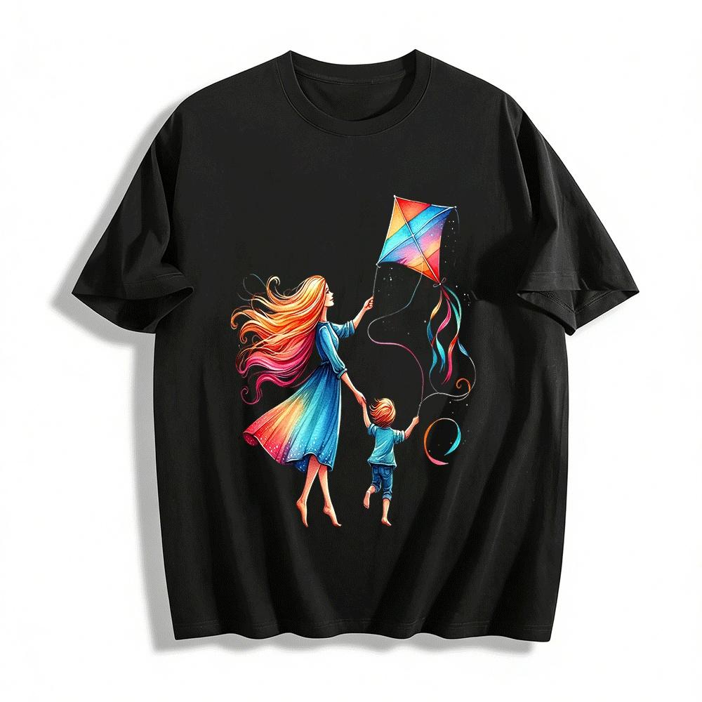 

Parent Child Kite Flying Watercolor Print Casual T-Shirt Pure cotton T-shirt XXS