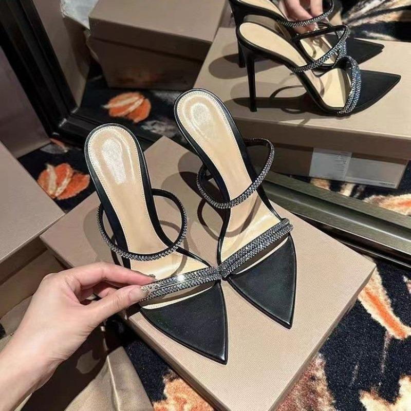 Stunning Black Strap Diamond Open Toe Ultra High Heel Slippers Pointed Toe Thin Heel Fashionable Outdoor Sandals for Women