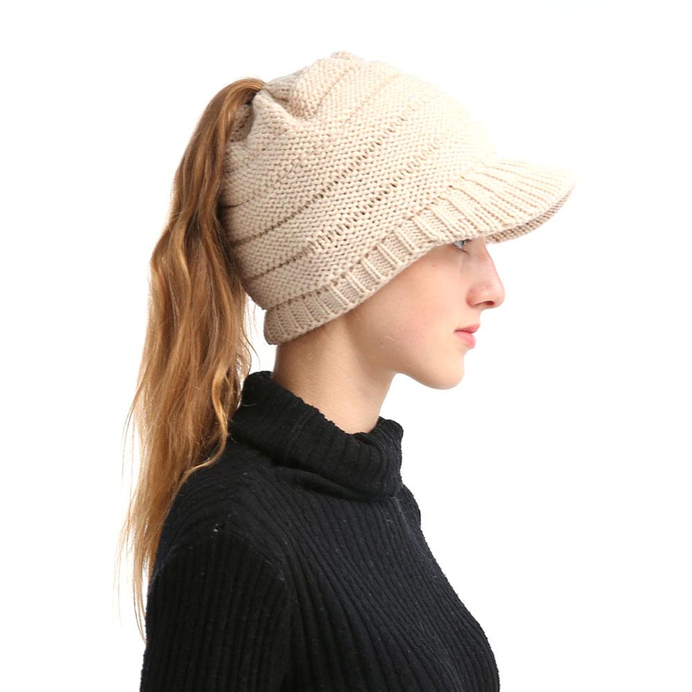 Winter Women Girl Soft Warm Knitted Thicken Hat Ponytail Beanie Caps with Visor Outdoor Snow Ski Sports Cap