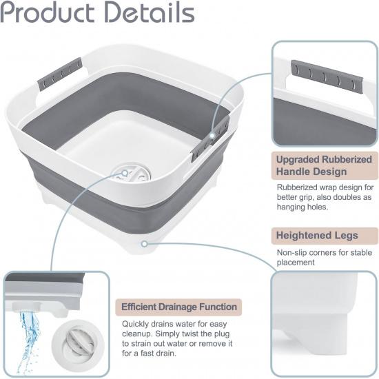 Upgraded 2.4 Gal (9L) Collapsible Dish Basin With Drain Plug, Space Saving Multiuse Foldable Sink Tub, Dishpan, Beverage Tubs For Camping, Vegetable