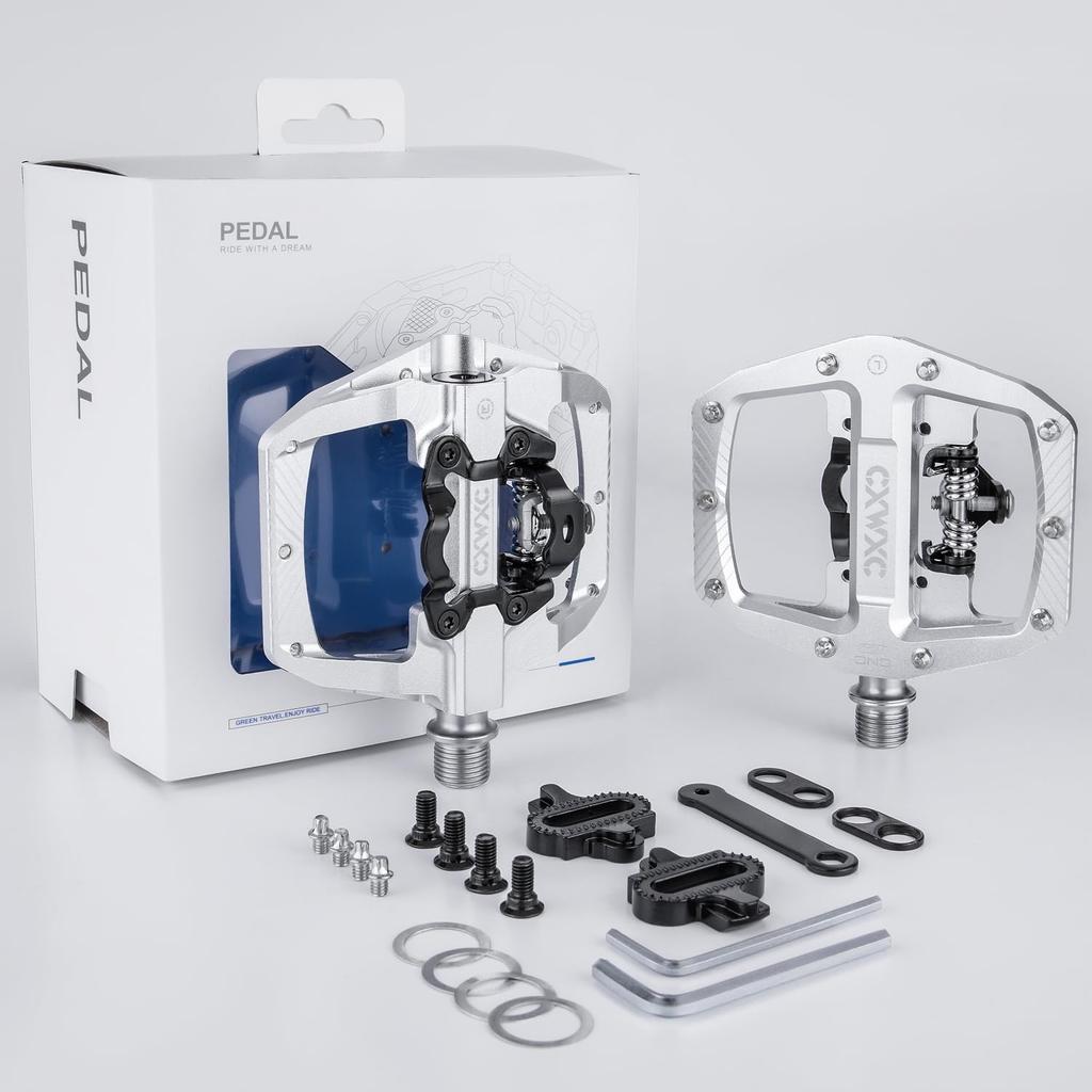 CXWXC Bicycle Pedals, Binding Pedals, Single-Sided Flat, Anti-Slip, Wide Tread, 9/16-Inch, Cleats Included, Aluminum, Silver (CX-159)