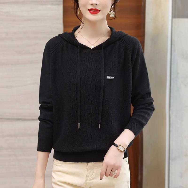 Dámská mikina s kapucí podzimní a zimní volný svršek svetr pletený s kapucí s dlouhým rukávem