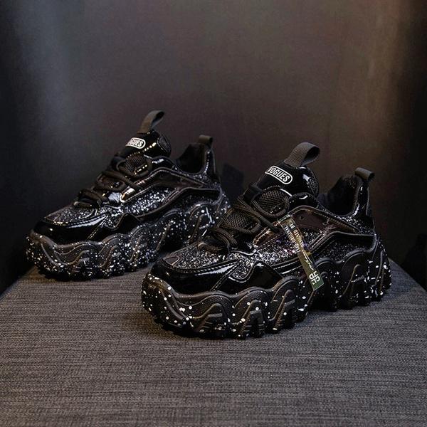 Pantofi de sport pentru femei, primăvară 2021, la modă, din pânză cu paiete, respirabil, vârf rotund, pantofi groși pentru femei