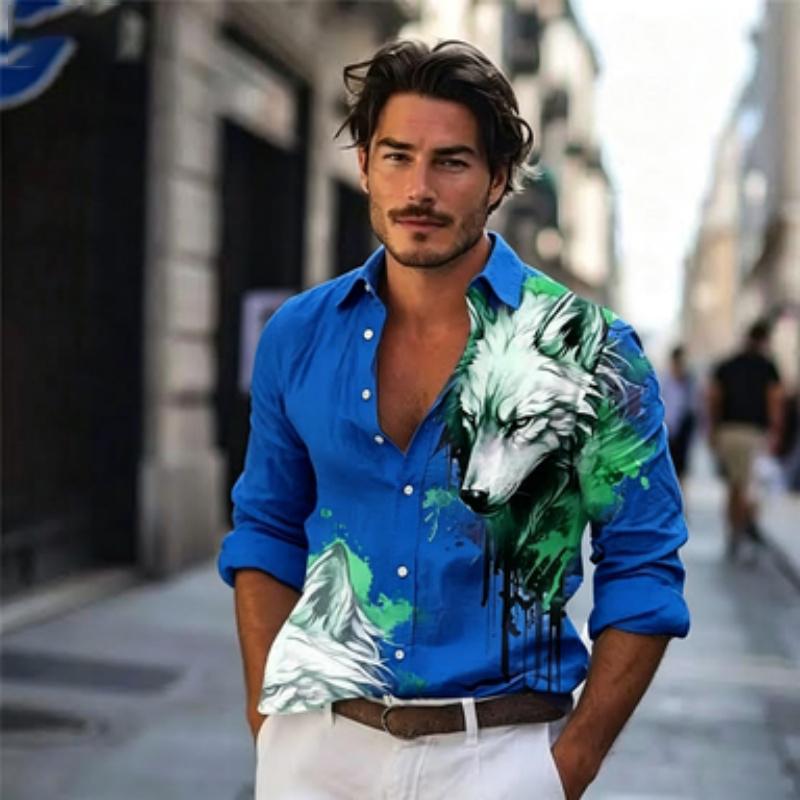 Men Button‑up Long Sleeve Shirt Wild Wolf‑head Splash‑art Motif Turn‑down Collar Leisure Street Theme‑party Gathering Outfit