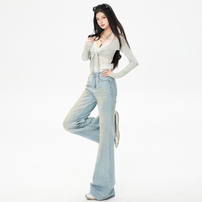 Spring new elastic flared pants Korean Spice Girls retro style women's jeans light blue trousers