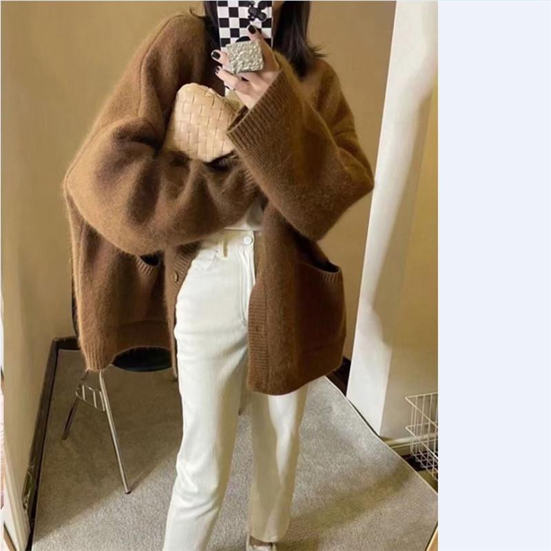 Lazy Style Soft Waxy Loose Cardigan Sweater Jacket Women's Autumn and Winter Outer Wear Korean Version of The Solid Color Large Board Sweater Women