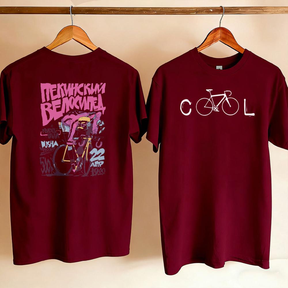 Unisex Women Two Side Printed Tee Cool Bike Graphic Front Retro Graffiti Cyclist Russian Text Back Vintage Outdoor Cycling T Shirt