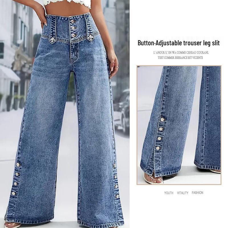 2026 Spring/Summer High-Waisted Retro Wide-Leg Denim Jeans with Multi-Buttons for Women