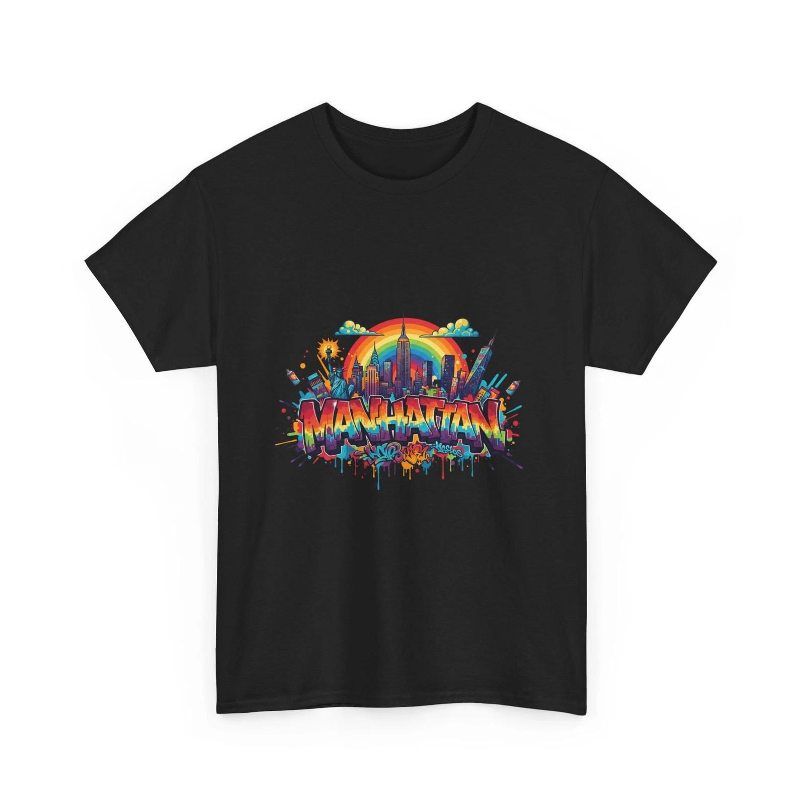 Manhattan Graffiti Skyline Tee | Retro Sunset Cityscape, Buildings, Quality Tee S