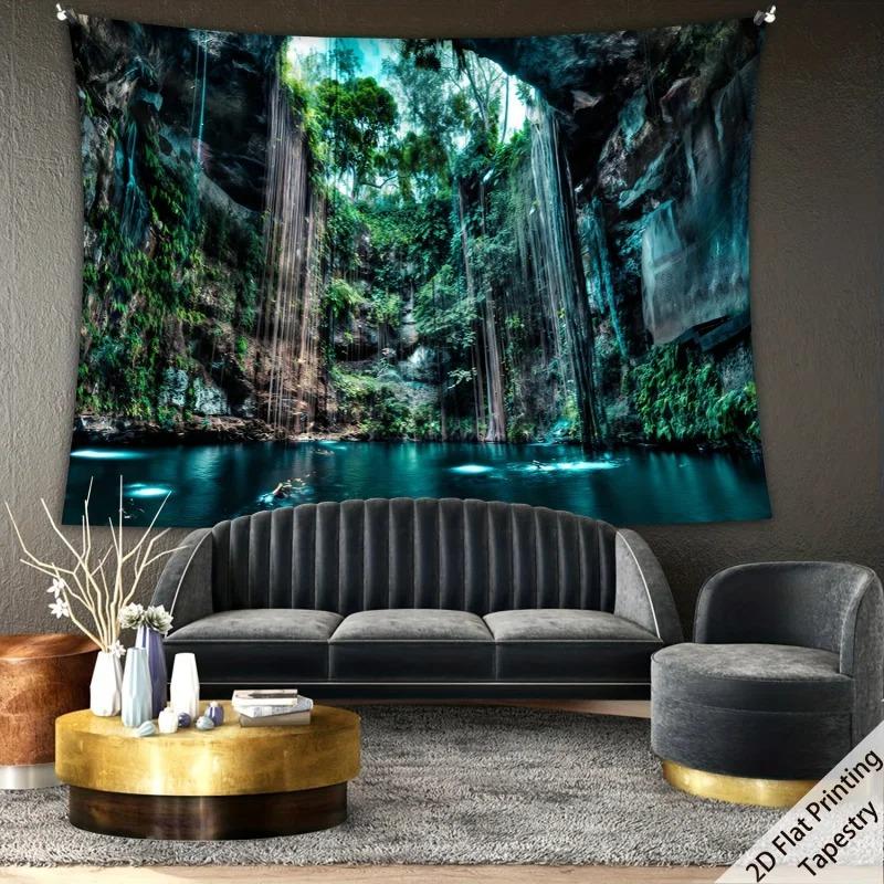 Harmonious Jungle Lake Scenery Tapestry Peach Skin 2D Flat Printed Wall Hanging Atmospheric Nature Art Background Bedroom Decor