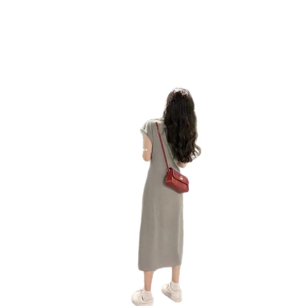 Women's Gray Slit T-Shirt Dress: Summer Slimming Waist-Cinching Short Sleeve Casual Maxi Dress