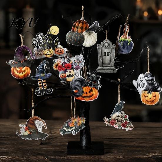 Dark Aesthetic Halloween Showcase Ornament 36Pcs Vintage Wooden Hanging Ornaments, Pumpkin Black Cat Witch Ghost Rustic Holiday Craft Ornaments