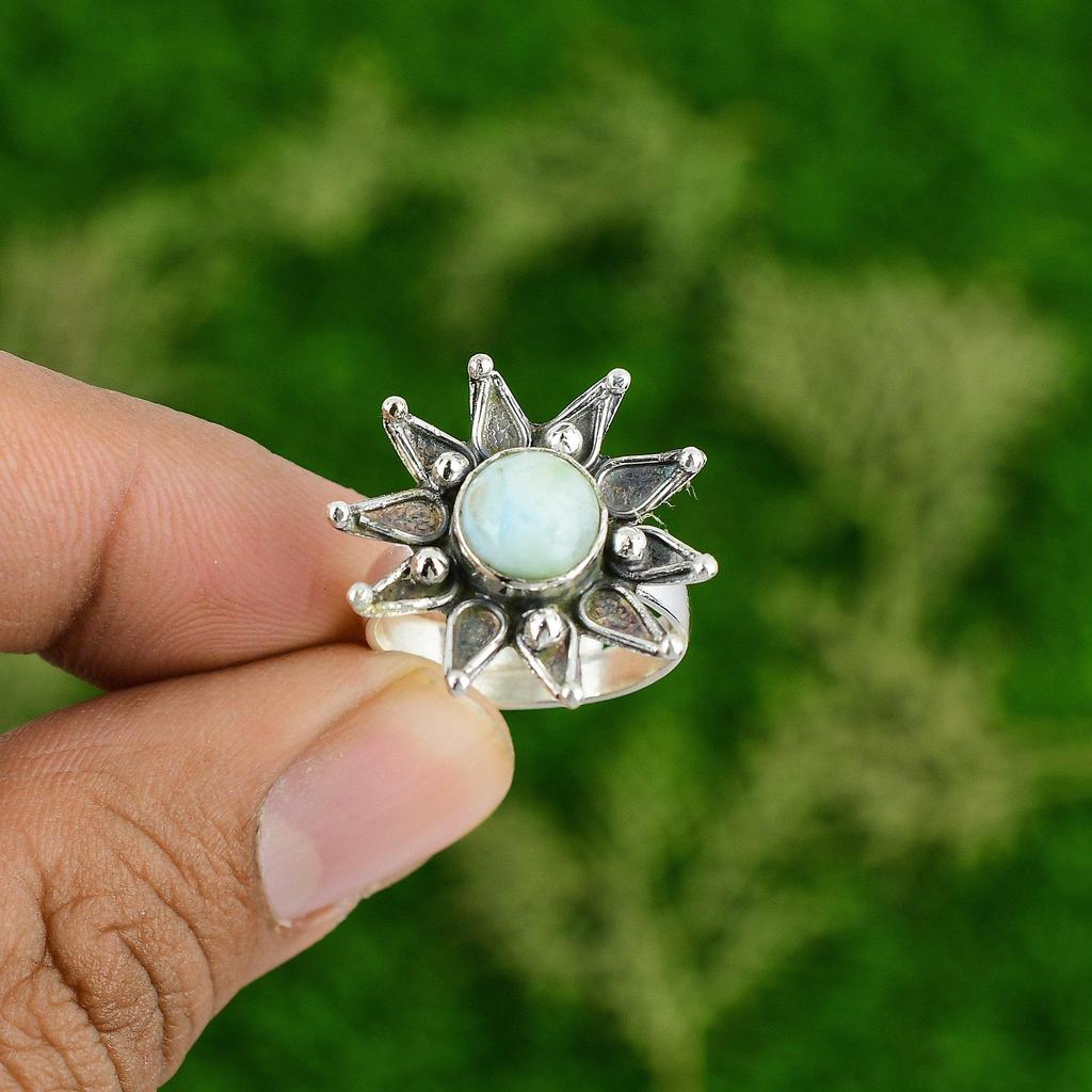 Sterling Silver Round Natural Larimar Bezel Statement Flower Mother Promise Ring
