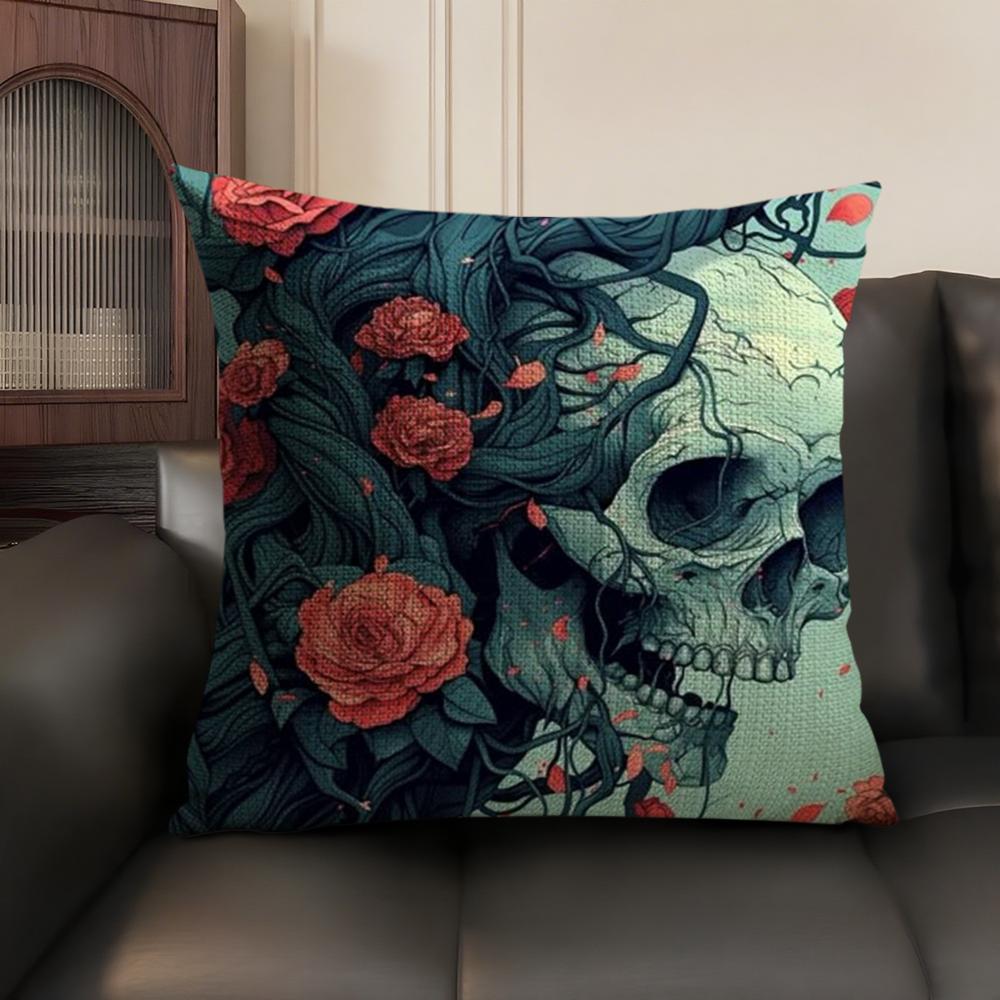 Luxurious Skull Pattern Cushion Cover Natural Linen Organic Fabric DoubleSided Printing Sofa Home Decor Breathable