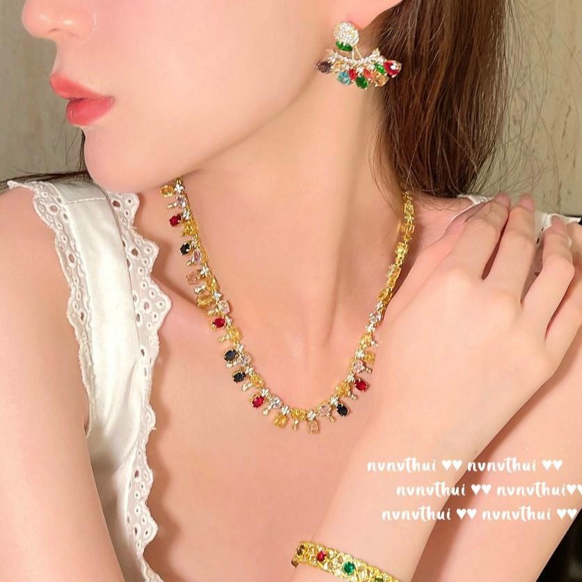 Papalacha Rainbow Raindrop Gem Necklace, Antique, 18K Gold Plated, Lady Rouge Flower Zircon Earrings