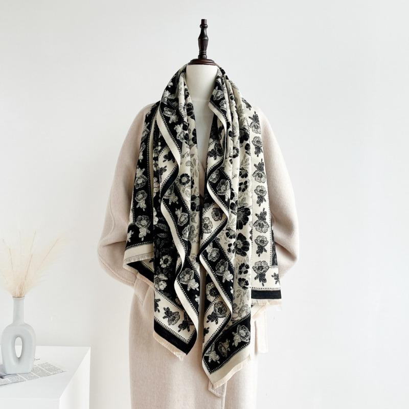 Scarf women's new winter tassel shawl floral versatile cashmere thickened warm and cold-proof scarf dual-purpose
