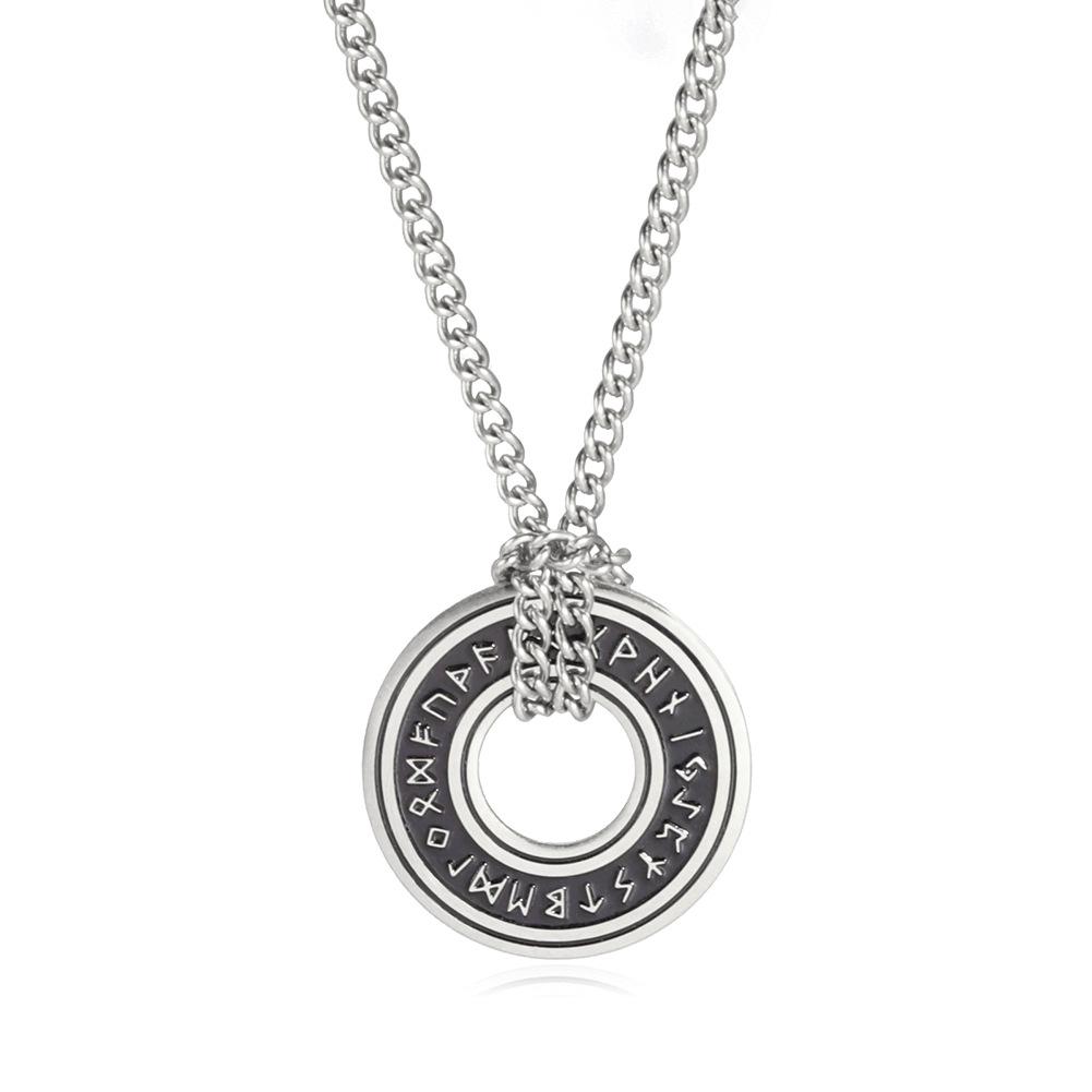 Collier Pendentif Rune Cercle Creux Découpé en Acier Titane Vintage avec Cordon en Cuir