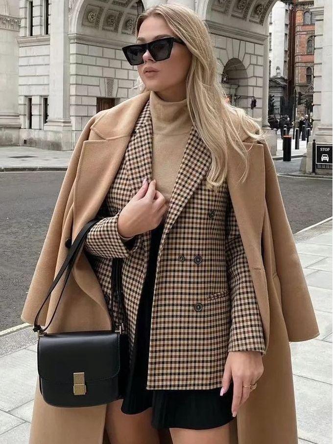 European & American Style Women's Plaid Double-Breasted Suit Jacket - Autumn 2024 Top 5 Colors