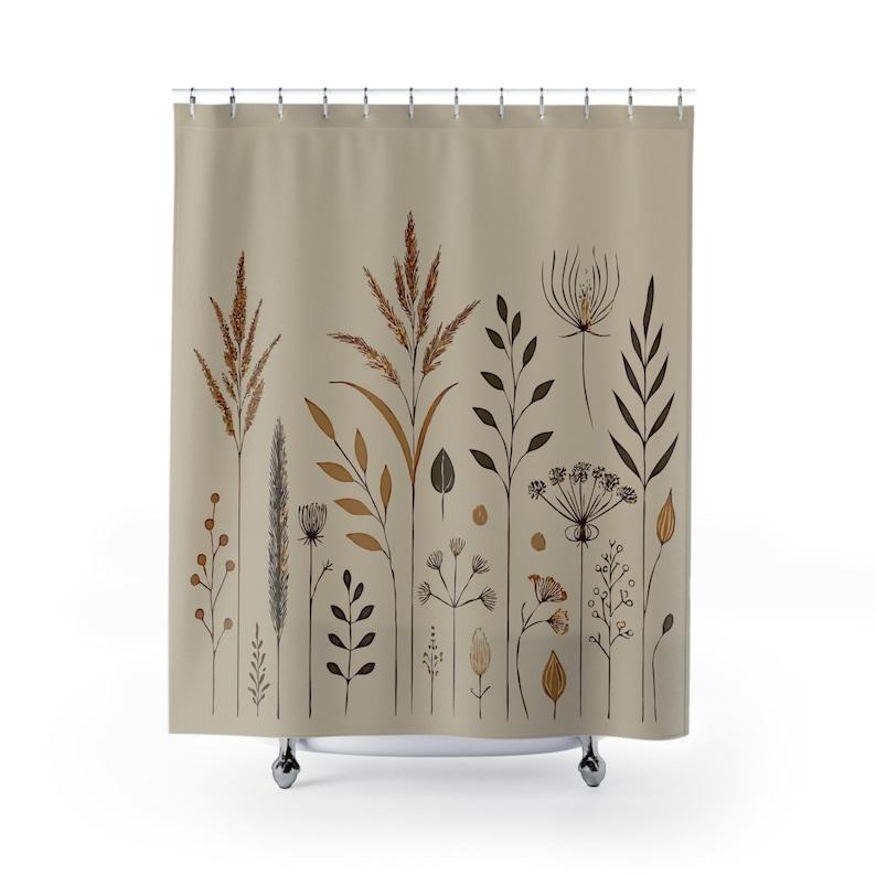 Natürlicher Minimalistischer Boho-Duschvorhang – Erdige Gräser & Wildblumen Auf Beige, Klare Luftige Komposition