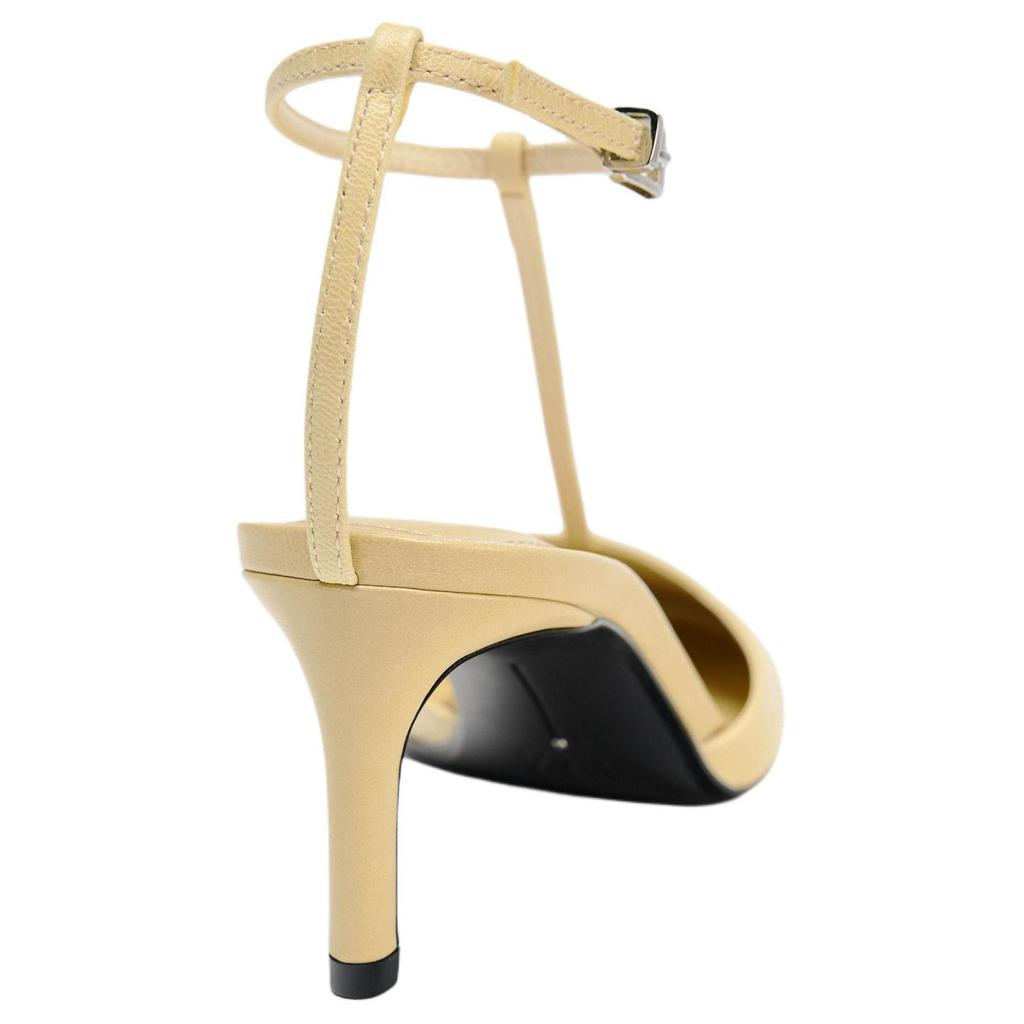 ZARA Elegant Fashion Leather Strap Square Toe Open Back Stiletto Heels 7.3Cm Women heels Vanilla-Yellow 11200510-38