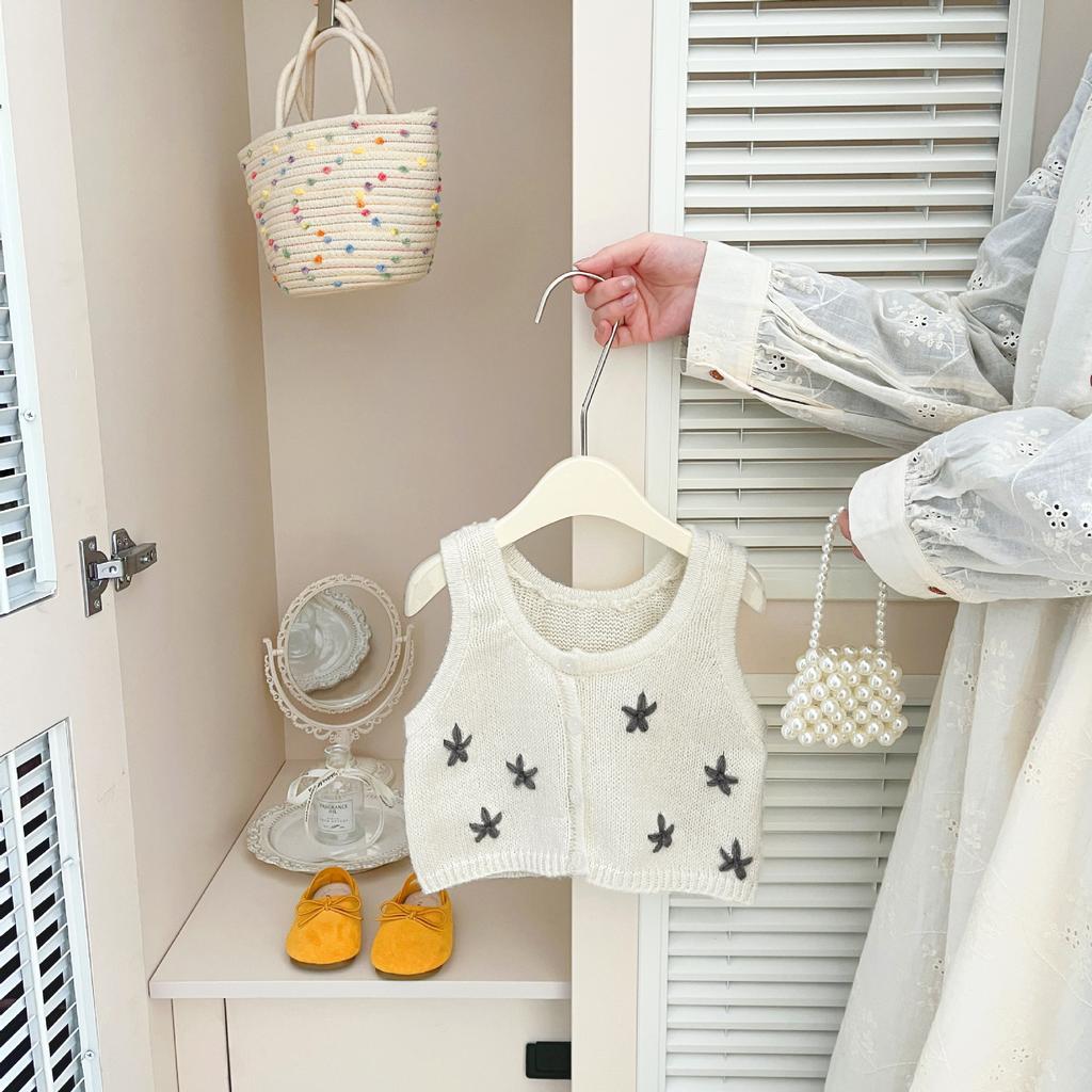 Super Korean Baby Spring Knitted Vest Three-Piece New Girls Sweet Suspender Doll Collar Bottom Shirt Straight Pants