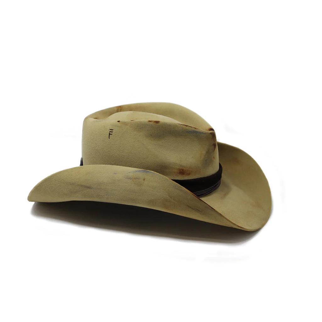 Hatt i fårfilt i distressed stil med uppvikt kant, vintage cylinderhatt i ren ull, dekorerad med band