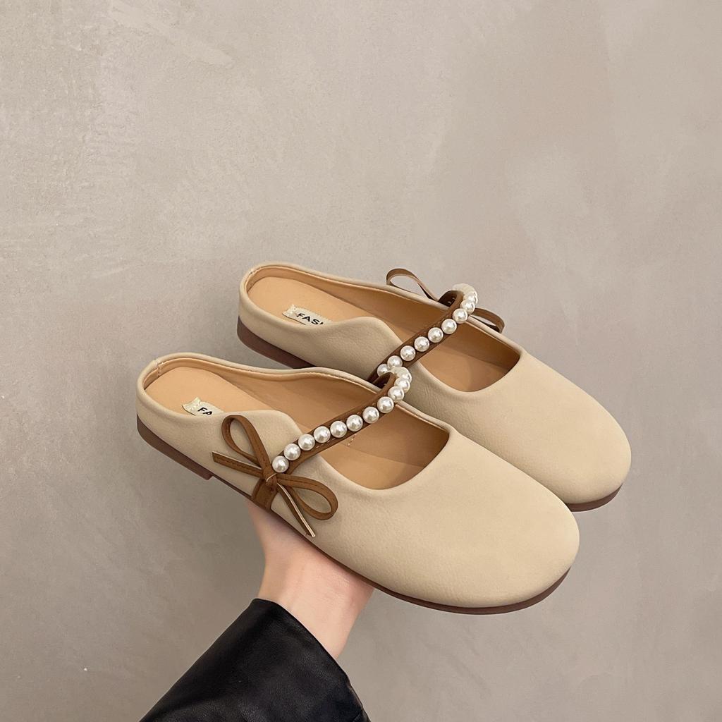 Single Shoes Soft Sole Head Night Bow Bag 2025 New Evening Wind Half Slippers Women's Summer Wear Flat Bottom Cool Slippers Half Tray