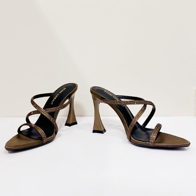 Fashion Luxury Rhinestone Satin Modern Heeled Sandal Women Sexy Open Toe Cross Tied Slide Sandal Fashion Pointed Toe Party Designer Shoe