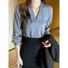 Fashion Style Spring and Autumn Work Clothing Ol Business Wear V-neck Slimming Pure Color All-Matching Fashion Long Sleeve Shirt Top Women