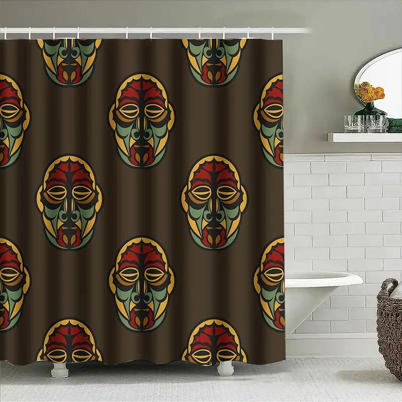 Vintage Tribal Mask Shower Curtain Waterproof Home Decor Bathroom Liner Dark Green Red Yellow Black Colorful Design 69X72 Inch