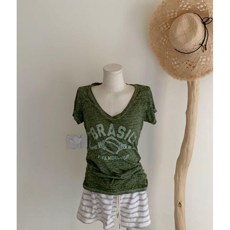 

Export FIF * Moss Green Mixed Color Thin Soft Cracked Letter V Neck Short Sleeve T-shirt C925 Moss Green (physical color reference model frame M