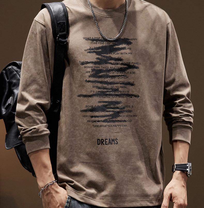 Men's Heavyweight Retro Washed Long-Sleeve T-Shirt - Autumn Edition, Loose Fit, Round Neck, Trendy American Print