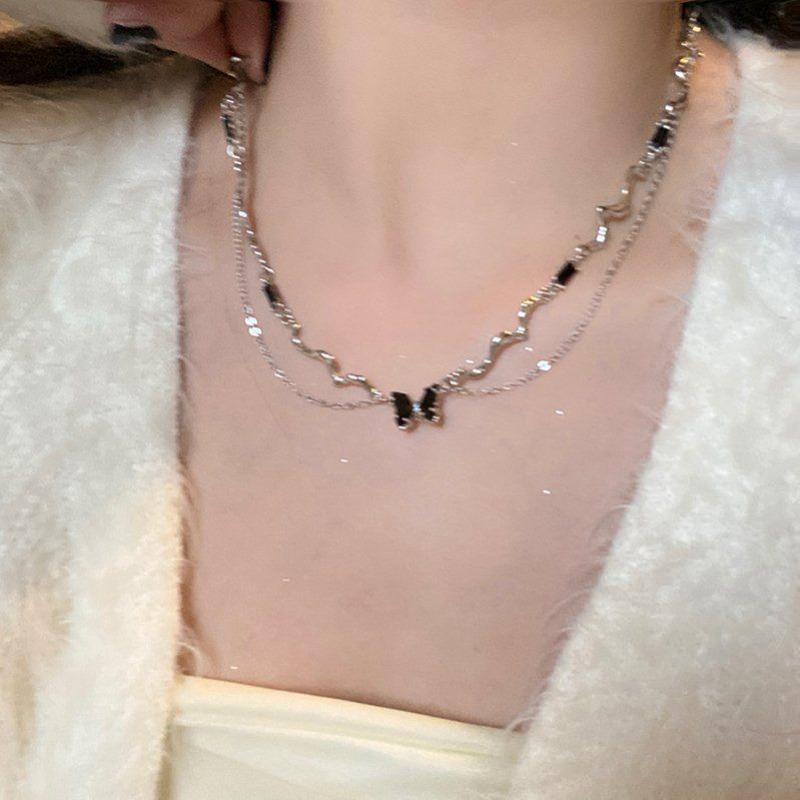 Dark Babes~ Wind Double Layer Black Butterfly Necklace Female Collarbone Chain Female Premium Niche Design