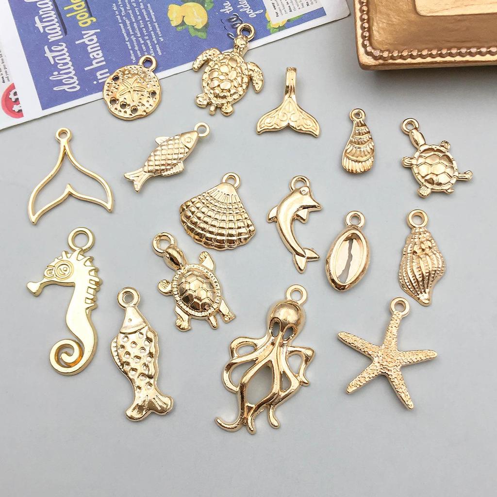 Smíšené přívěsky mořských živočichů ze 16K zlata: Přívěsky ve tvaru mušle, hvězdice, chobotnice, želvy a mušlí pro DIY šperky.