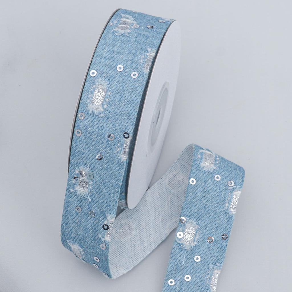 Handgemachtes dekoratives romantisches und gemütliches Denim-Band mit gebrochenen Pailletten, handgefertigt, DIY-Blumen-Geschenkbox, Schleife, Haar-Accessoires, Paket, Ankleideband