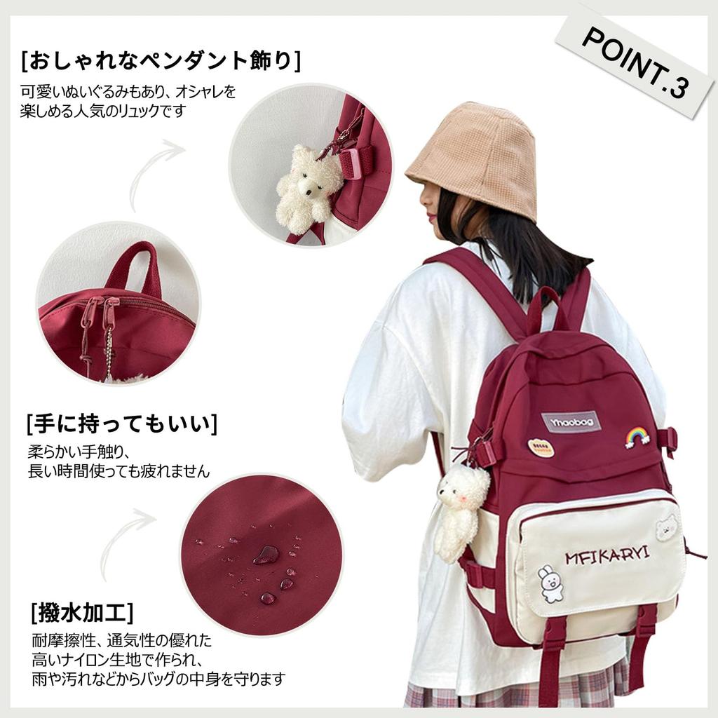 FANDARE Kadınlar İçin Sevimli Sırt Çantası, Geniş Kapasiteli A4 Boyutunda, Okul Sırt Çantası, Sade ve Hafif, Düğmeli Rozet ve Peluş Ayıcık İçerir, Popüler