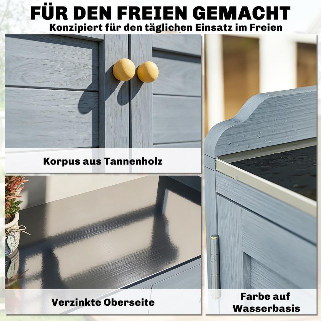 Pflanztisch mit Unterschrank Outdoor Holz Gartenschrank mit verzinkter Arbeitsplatte 2 Schubladen 104x44x140 cm Hellgrau