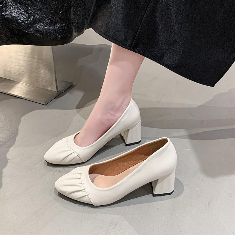 Large size pointed thick heel high heels women's spring and autumn new retro single shoes wrinkled light mouth middle heel women's shoes