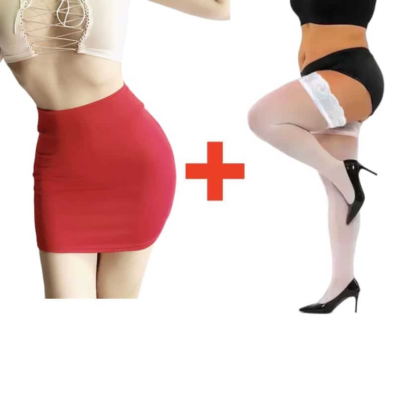 2PCS/SET Women High Waist Pencil Mini Skirts+Stockings Dress Set,Sexy Casual Wrap Hips Black Short Skirt and Pantyhose