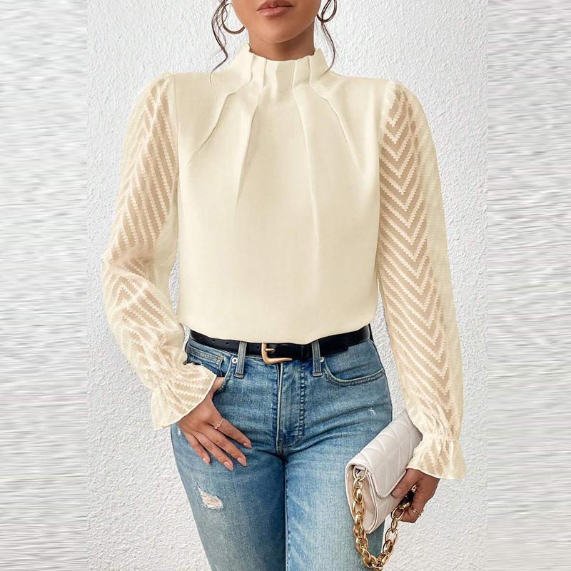 

Spring Women s Long-Sleeved Shirt Half Turtleneck Chiffon Ruffle Autumn Perspective Elegant Office Commuting Top Women Blouse 2XL бежевий
