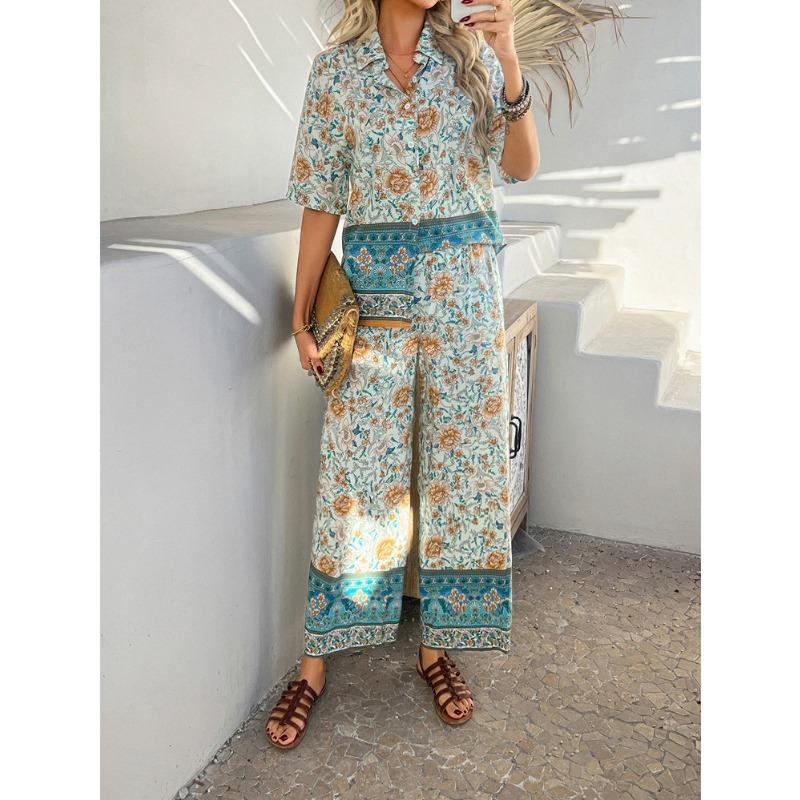 Women's Summer Print Contrasting Color Bohemian Vacation Short-sleeved Long Trousers Set