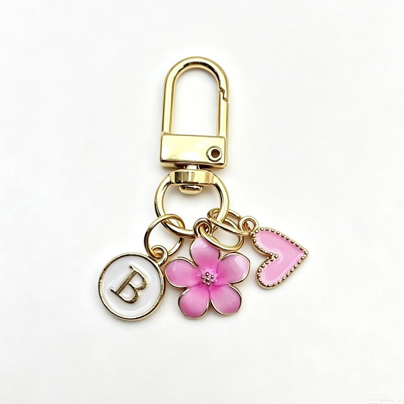A-Z Letter Charm Enamel Keychain Pink Cherry Blossom Heart Design Key Ring for Graduation Souvenir Gift