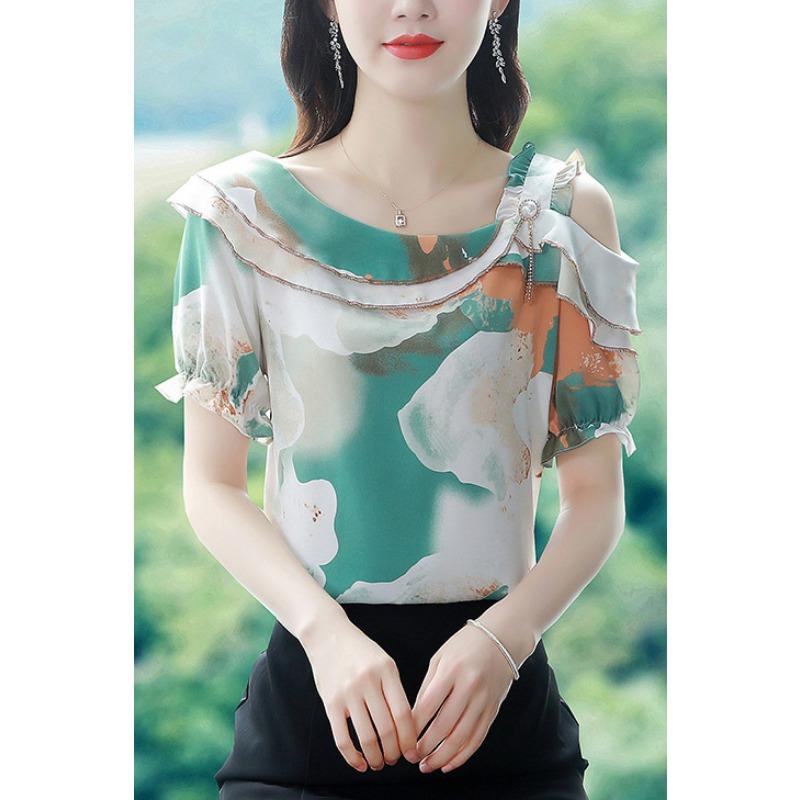 Sommer Neues Koreanisches Stil Chiffon Hemd Kurzärmelige Bluse Bedruckt Mode Locker Blumen Top