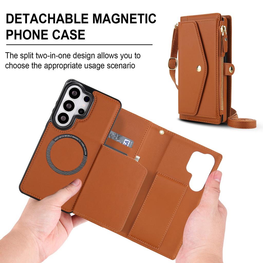 Portafoglio con Slot per Carte Magnetiche e Zip 2 in 1 Custodia in Pelle per Samsung S26 Ultra Edge S25 Plus S24 FE A56 A36 A16 Cover a Tracolla