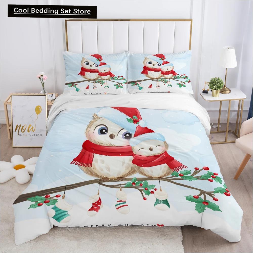 Merry Christmas King Queen Duvet Red Cartoon Santa Car Animals Bedding Set for Children Boy Girl Happy Holiday Theme Quilt Cover