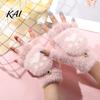 Practical Gift for Winter Furry Cat Paw Thermal Gloves, Flip Top Mitten with Button Women, Half Finger Writing Gloves Students Plush Cute Bear