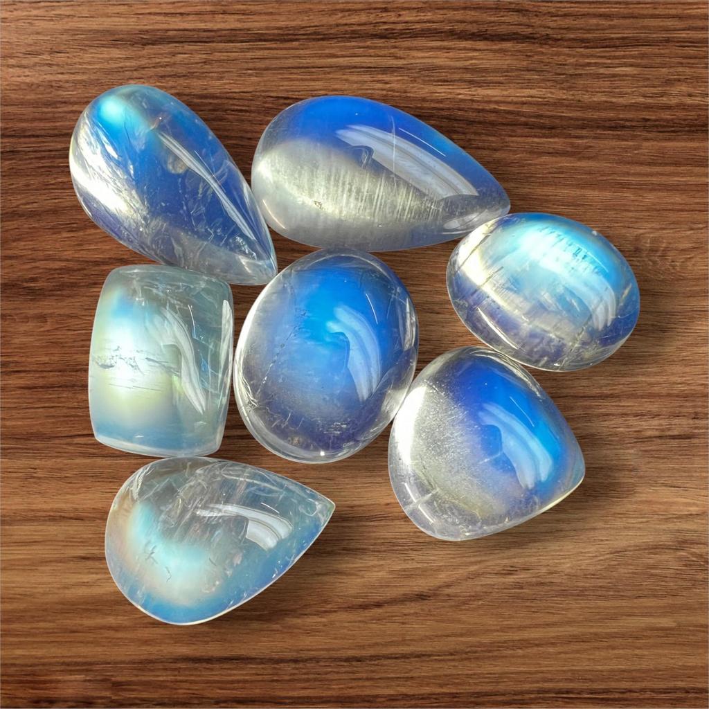 Natural Blue Flashy Rainbow Moonstone, Mix Size Shape Cabochon, 3 To 10 Carat Size. Good Second Top Quality Blue Flashy Moonstone Lot.